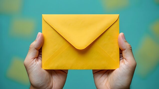 Hand Holding Bright Yellow Envelope Against Teal Background, Symbolizing Communication, Mail Delivery, and Personal Correspondence in the Digital Age