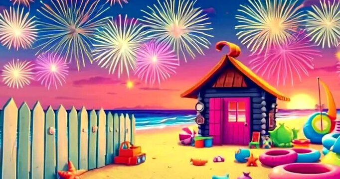 A children&rsquo;s play beach with colorful fences, toy hut, and bright particle fireworks