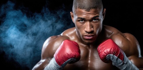 a boxer with boxing gloves raised in the air, set against a dark background with smoke and light effects