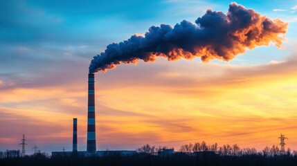 Obraz premium Industrial smokestack emitting dark smoke at sunset