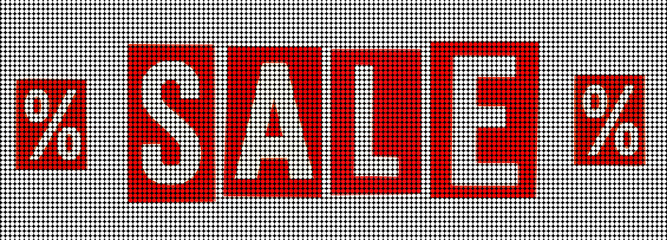 Bold Red SALE Text With Percentage Icons On White Background, Dot Pattern Design, Concept For Seasonal Discounts, Online Promotions, E-Commerce Campaigns, And Retail Marketing