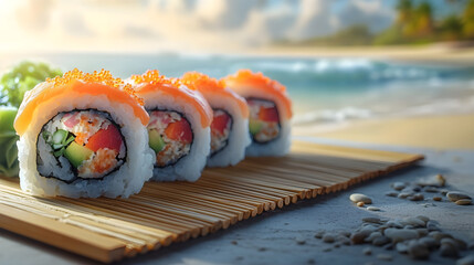 Sushi rolls on a wooden board by the ocean, palm leaves in the background. Sunlight, fresh ingredients