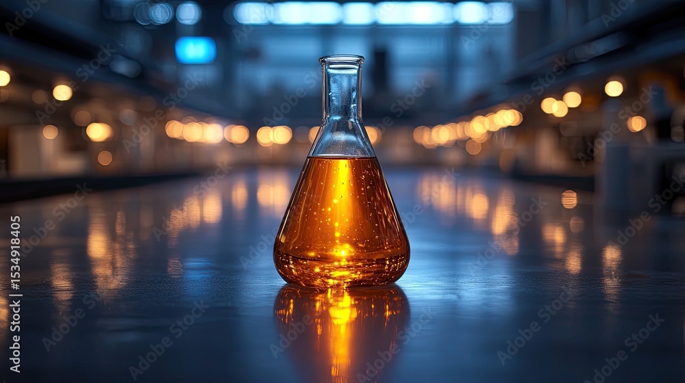 Poster bright orange chemical solution in round-bottom flask in science laboratory, experiment and research
