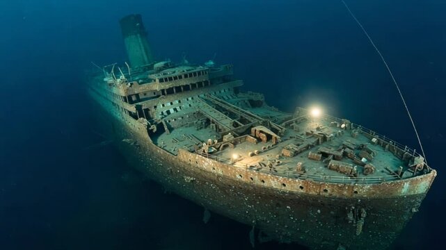 Titanic wreck submerged in ocean, lights illuminating scene