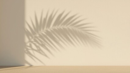 Beige wall background with palm leaf shadow minimalist photography