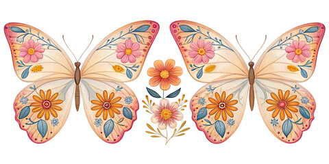 Floral butterfly pair watercolor design isolated on transparent background