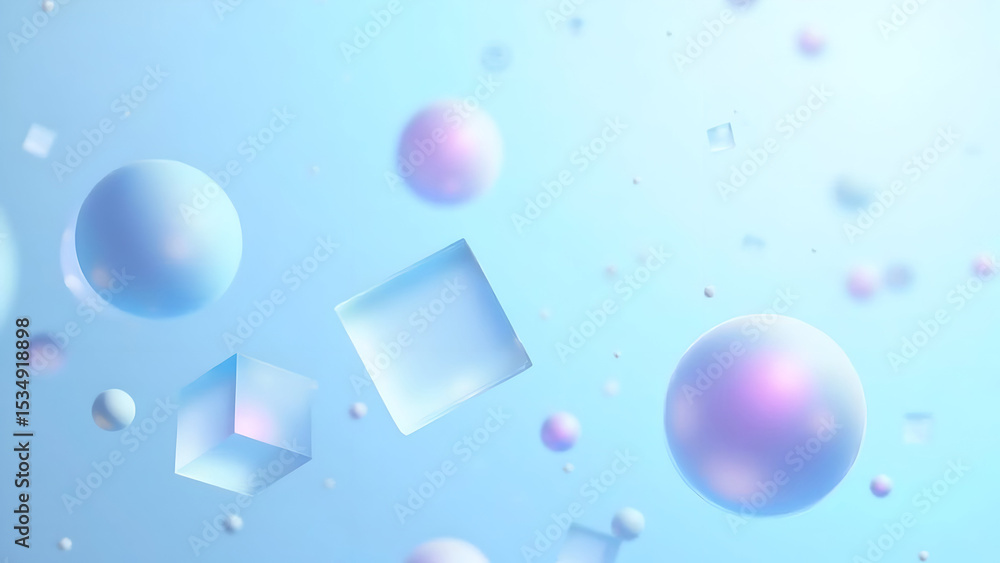 Poster abstract floating geometric shapes on a soft blue and pink gradient background