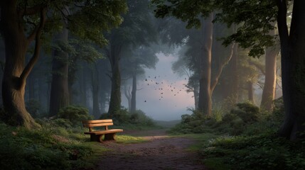 Serene Forest Pathway with a Wooden Bench Surrounded by Trees