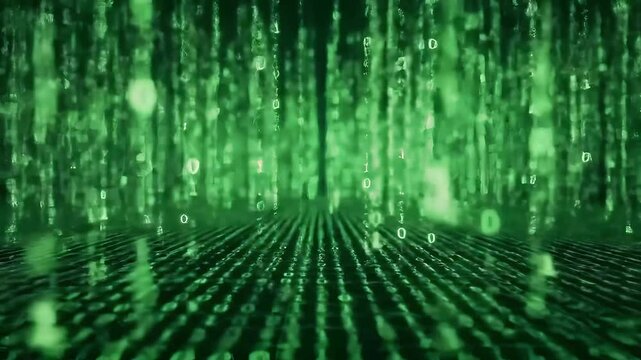 A green digital rain with falling binary code and a grid like surface in the foreground view