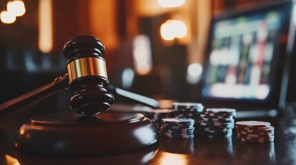 Judge's gavel, poker chips, and blurred online gambling screen.