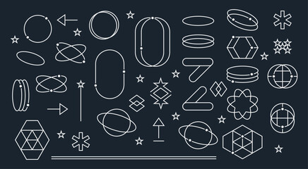 Retro futuristic elements for design. Big collection of abstract graphic geometric symbols and objects in y2k style. Templates for notes, posters, banners, stickers,