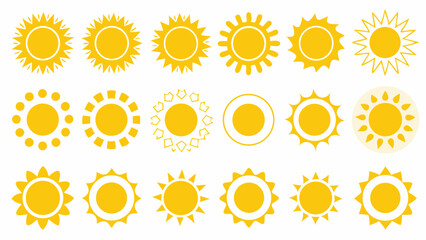 Fifteen yellow sun icons with different rays and styles arranged in three rows on a white background