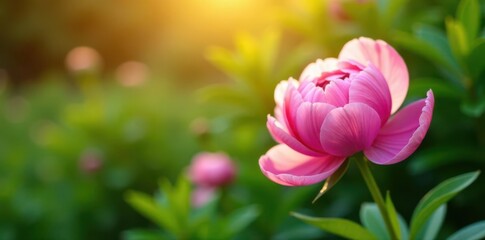 Obraz premium Sun-kissed pink peony blossoms in vibrant garden Lush green foliage background , romantic, copy space