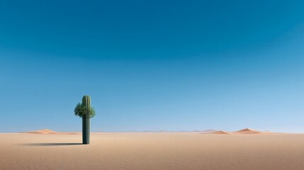 Lonesome Cactus Surrounded by Expansive Desert Landscape Under Blue Sky