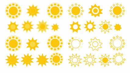 Illustration of various yellow sun icons with different designs on a white background surface view