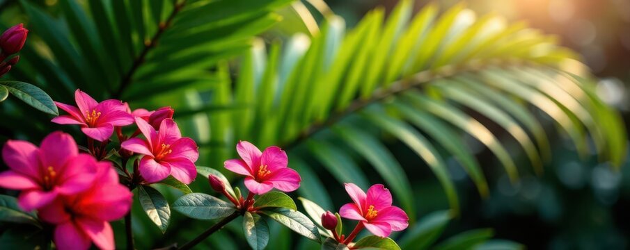 Sun-drenched catharanthus & bougainvillea Lush palm leaves complete tropical corner design , background, photo