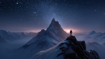 Majestic Mountain Peak Under Starry Sky at Dusk with Silhouette
