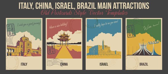 Italy, China, Israel and Brazil Main Attractions Postcards, Milan Monumental Cemetery, Jerusalem Tower of David, Jixian Pavilion, Cathedral of Brazil. Retro Style Greeting Cards. Vintage Colors