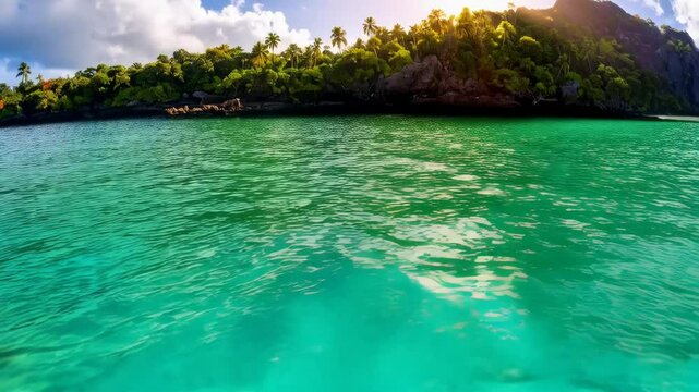 Vibrant coral reef ecosystem with marine life under tranquil turquoise sea, tropical island backdrop and sunny skies in a split-level view