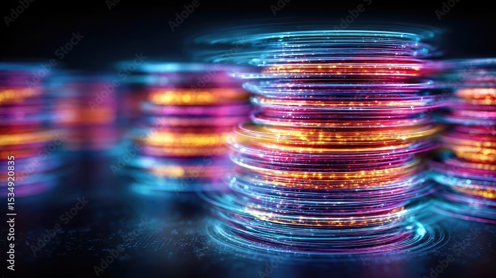 Poster steady returns through profitable system and passive project concept. colorful neon coins stacked wh