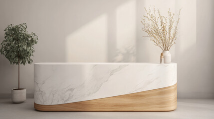 Reception counter mockup Modern style front interior registration copy space desk design indoor decoration front view marble wood material plant decor