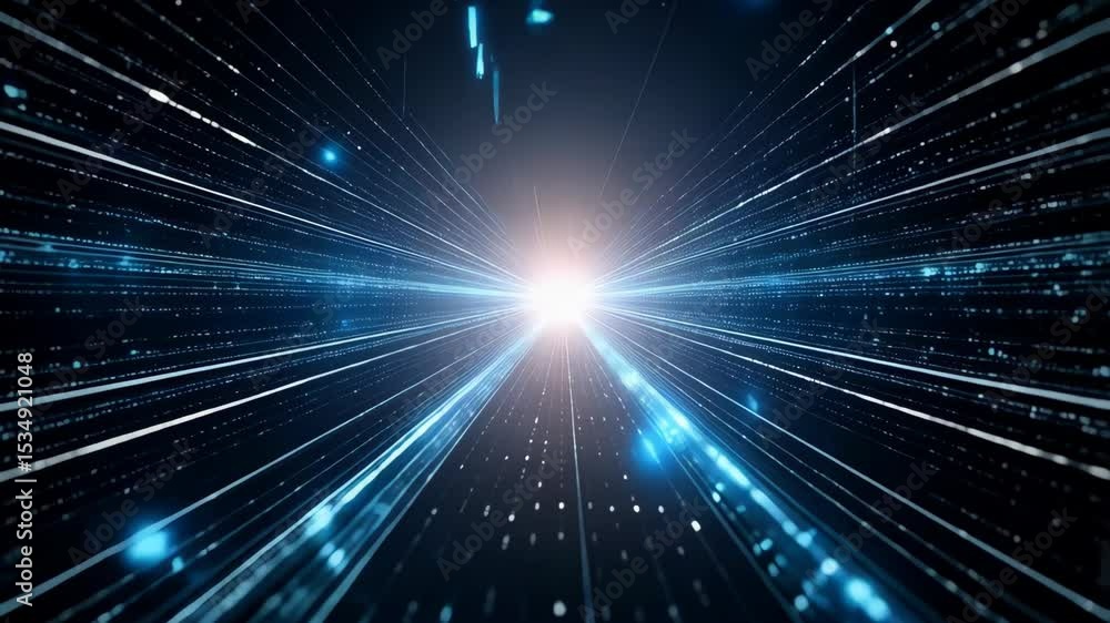 Poster abstract blue light streaks converging towards a central point, creating a tunnel effect for digital