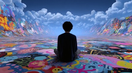 Contemplative Figure Surrounded by Colorful Abstract Patterns and Clouds