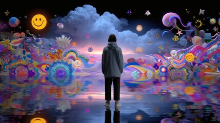 Surreal Dreamlike Landscape with Colorful Elements and Reflections