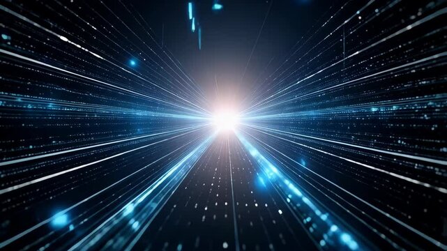 Abstract blue light streaks converging towards a central point, creating a tunnel effect for digital technology and futuristic themes
