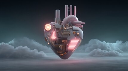 Futuristic heart with circuitry elements and neon lights in clouds