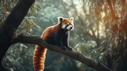 Red panda perched on a tree branch in a lush forest, sunlight filtering through the leaves.