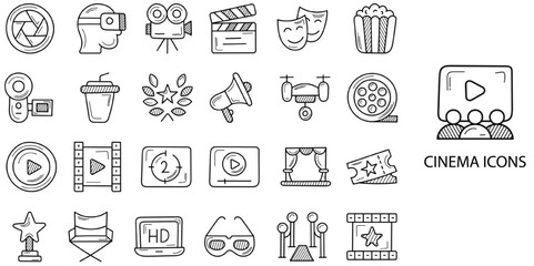 Fototapeta premium Cinema simple New concept 24 hand drawn icons set .Vector illustration. 