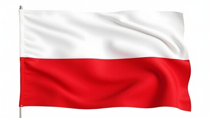 Photorealistic image of the flag of Poland with white and red horizontal stripes, isolated on a white background. Realistic fabric texture and folds with natural lighting.