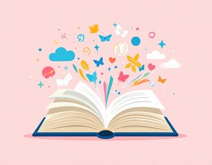 Open Book Filled With Colorful Magical Objects On Pastel Pink Background