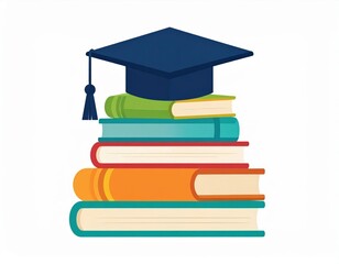 Stack Of Colorful Books With Graduation Cap