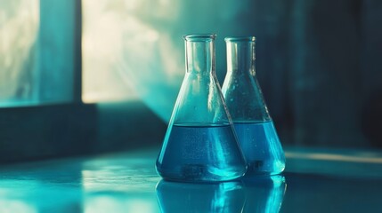 Two Erlenmeyer flasks with blue liquid on a reflective surface, near a window.