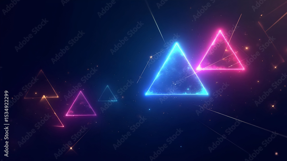 Poster illuminated geometric shapes hovering in a dark cosmic scene backdrop