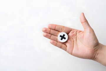Fototapeta premium Human Hand Holding White Round Object with Black Cross Symbol Against a White Background, Minimalist and Clean Style
