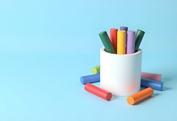 Fototapeta premium Colorful Markers and White Jar on Soft Light Blue Background