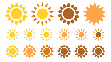 Various sun designs in yellow orange and brown with different ray shapes and configurations present