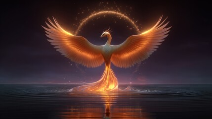 Majestic Phoenix Rising from Water with Fiery Wings and Glow