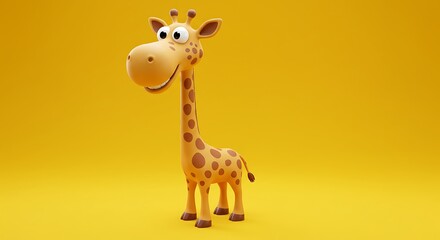 Naklejka premium Cheerful Cartoon Giraffe: 3D Render, Yellow Background