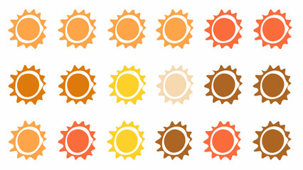 Arrangement of sun icons in various shades of orange yellow and brown on a white background display
