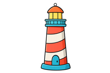 Cartoon lighthouse casting bright beacon across dark seascape, guiding nautical vessels, isolated on transparent background for maritime design