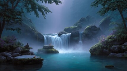 Serene Waterfall in a Misty Forest Landscape with Tranquil Atmosphere