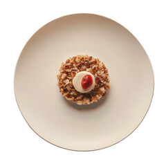 Gourmet dessert with walnut crust and vanilla cream topping
