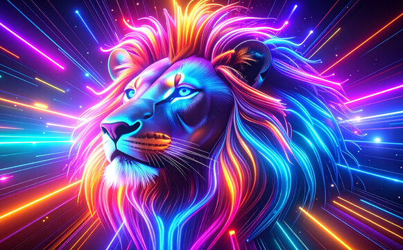 Neon Lion Head with Glowing Light Streaks &ndash; Futuristic Digital Art