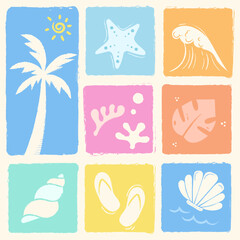 Cheerful beach-themed design with nine pastel panels. Icons include a palm tree, starfish, wave, coral, and seashells. Each element has a fun, hand-drawn style. Perfect for a summer vibe.