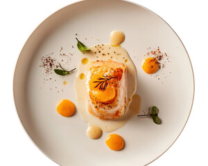Gourmet fish fillet with citrus sauce and microgreen garnish