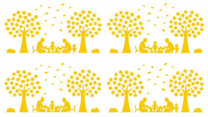 Four scenes of family gatherings under golden trees with falling leaves in a park setting illustration